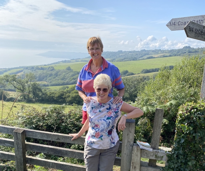 Jane and Catherine on a walk in the Dorset countryside