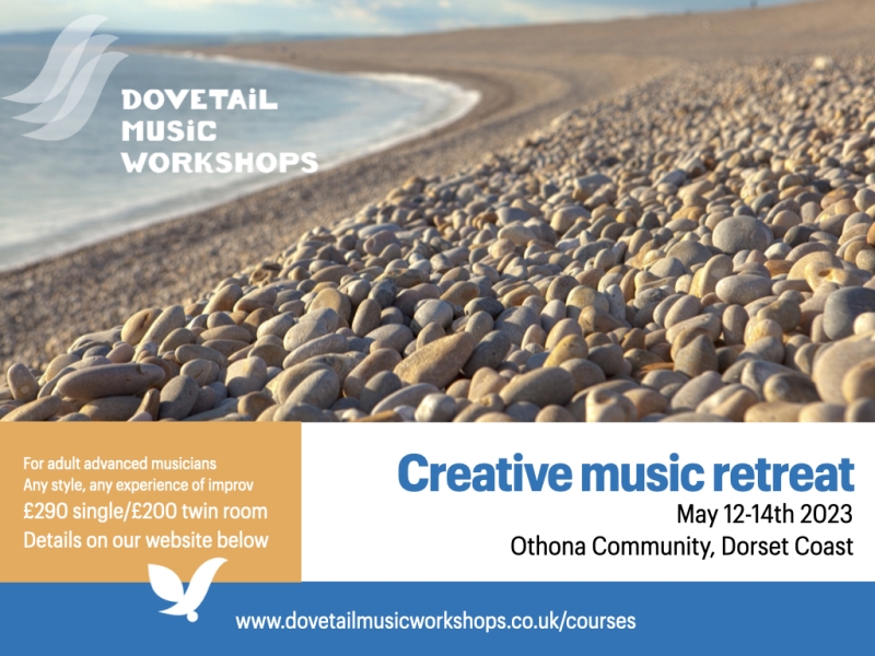 Flyer for Dovetail Music Workshops at Othona, picturing the sweep of Chesil beach