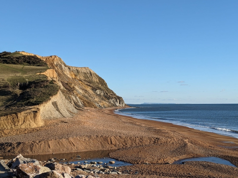 View from Seatown beach, looking east towards Othona and Portland