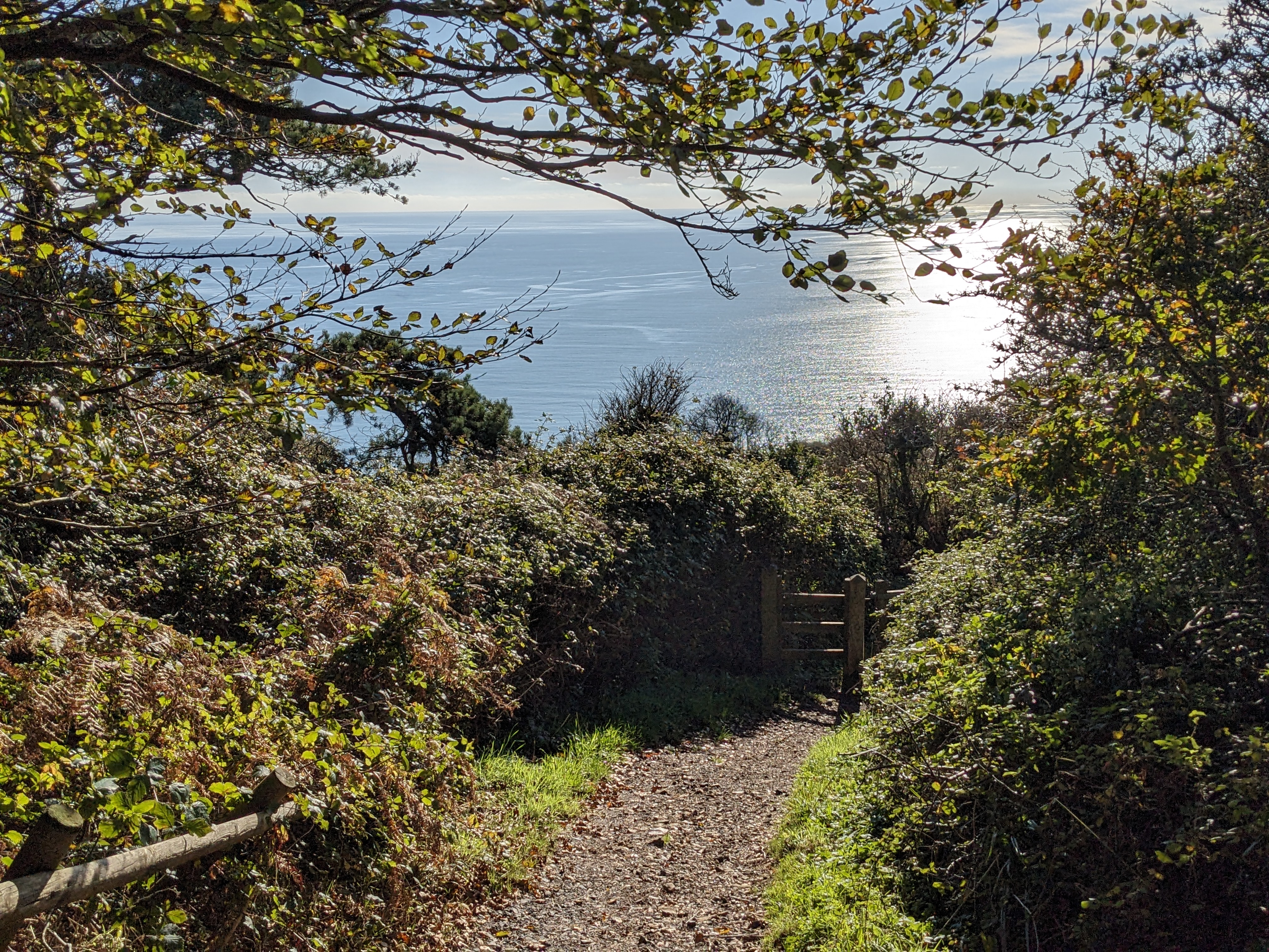 View of footpath and shining sea beyond