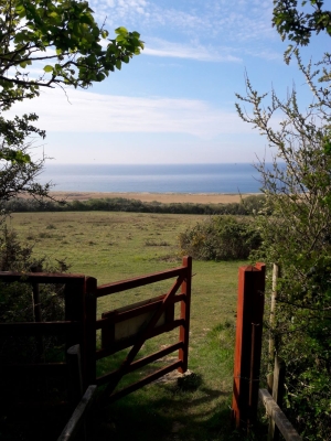 Gate opens on a path towards the sea