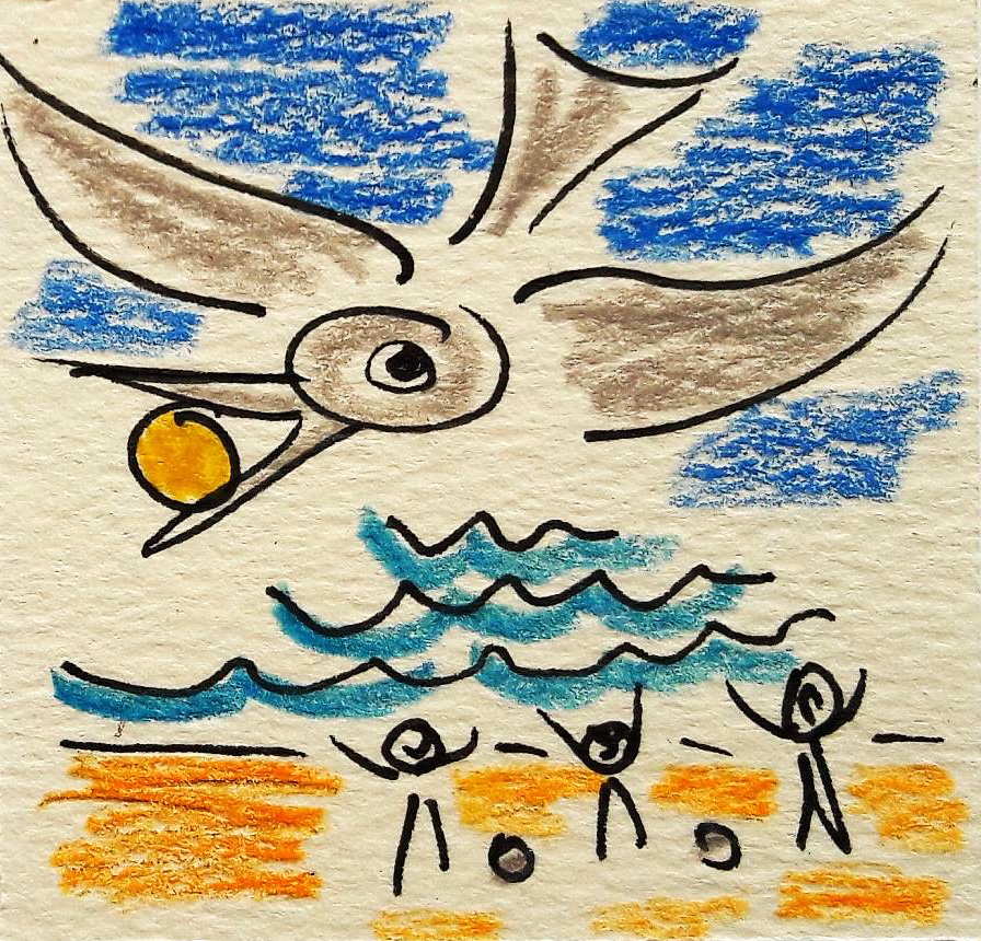 Drawing of a seagull stealing a boules ball